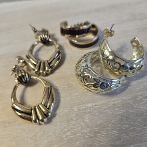 3 Classic Pair Goldtone Hoop Earrings Vintage Costume Jewelry